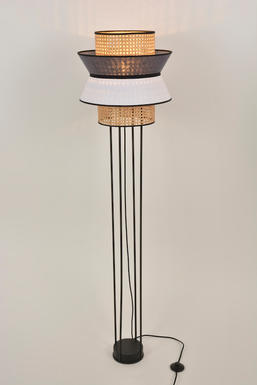 Lampadaire Singapour Ø 40 cm - Blanc/Gris anthracite Abat jour en lin/Cannage naturel - Market Set - PR503444