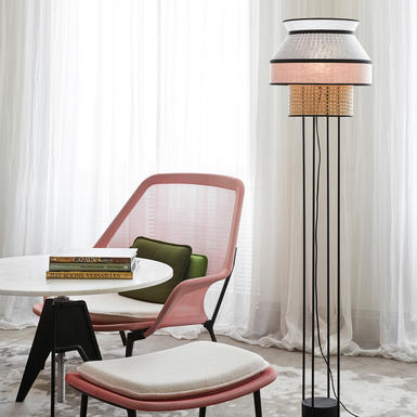 Lampadaire Singapour avec abat-jour - Rose / Gris - Lin / Cannage naturel - PR503449