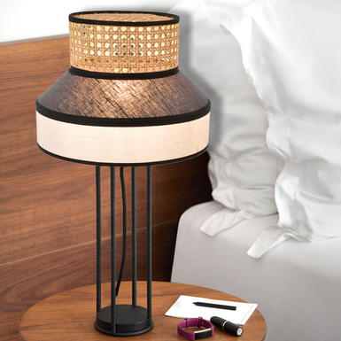 Lampe de table Singapour H 59 cm - Blanc / Gris anthracite - Lin / Cannage naturel - Market Set - PR503453
