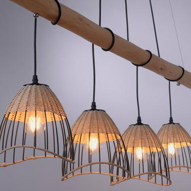 Suspension 4 lampes design Leuchten Direkt Reed Beige Bois 11156-79