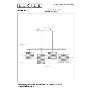 Suspension Baskett - Lucide - H50 à 175 cm - 4xE27 - Noir - 45459/04/30